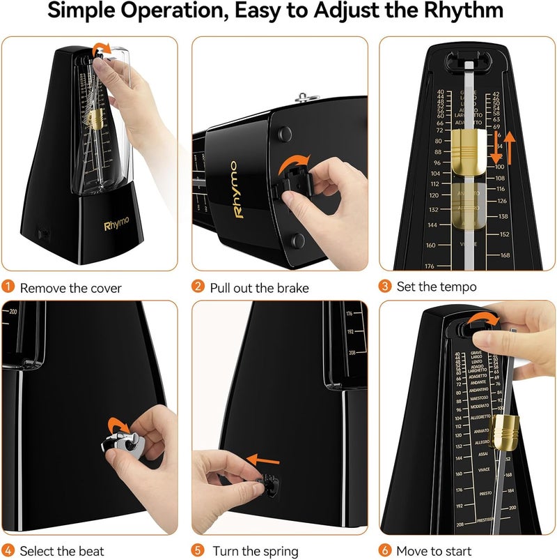 Rhymo Store Mechanical Metronome for Guitar, Piano & Violin, 40-208 BPM with 4 Beat Modes (2/4, 3/4, 4/4, 6/8), Classic Wind-Up Design, Loud Clear Tempo for Beginners, Musical Instrument Accessories, Black - Image 3